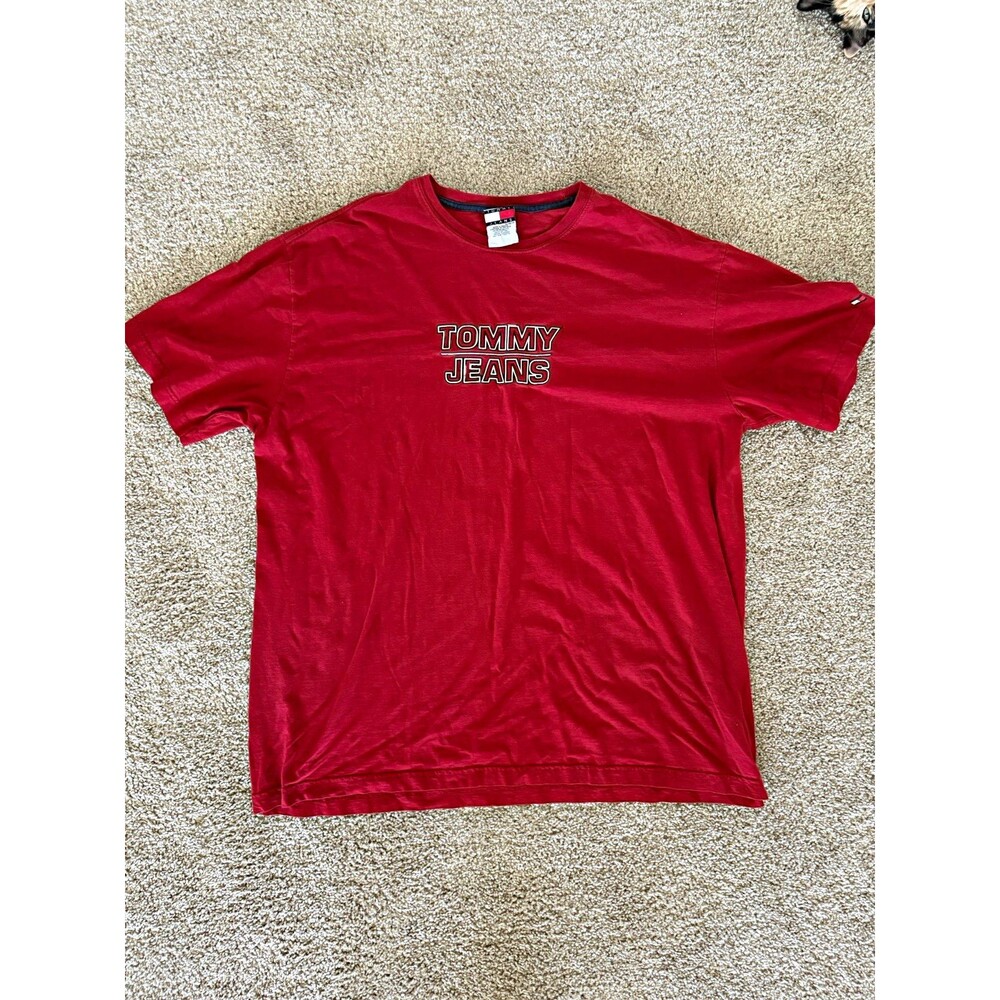 Tommy Jeans Mens XL Red Logo Graphic Cotton Knit Crew Neck Short Sleeve Tee
